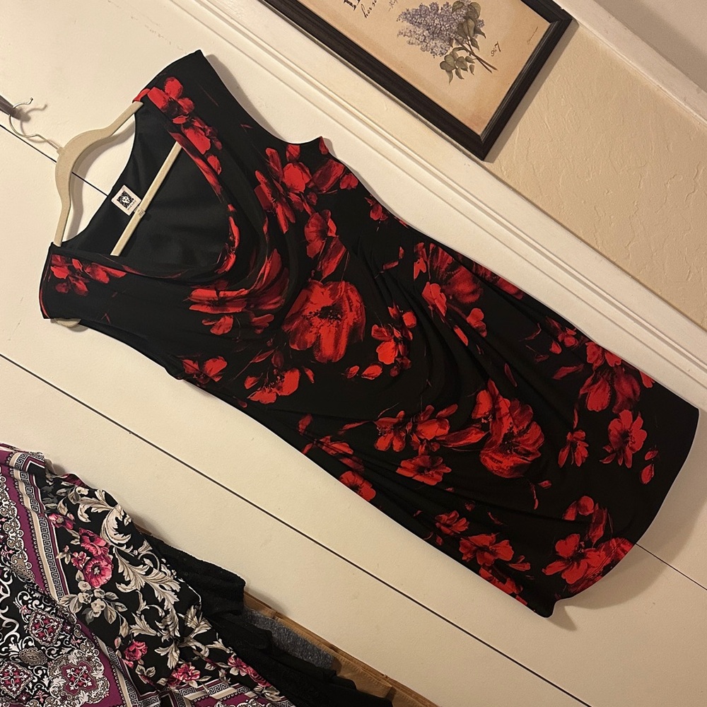 Anne Klein Black and Red Floral Midi Dress